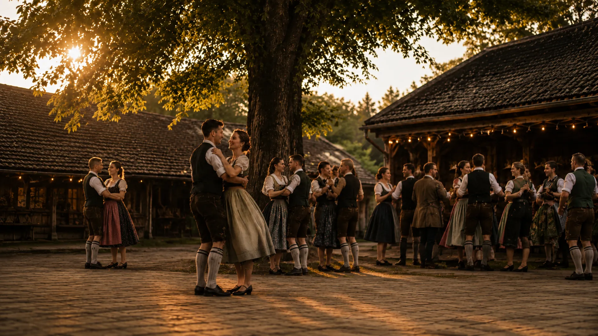 Website-Konzept für einen Kultur- und Traditionsverein: tanzendes Paar in Tracht im Wirtshausgarten