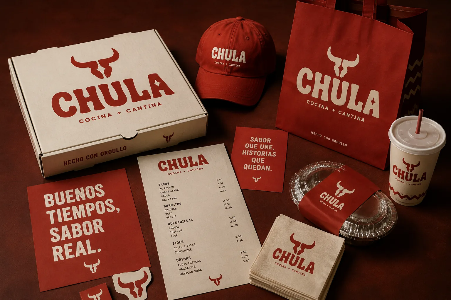CHULA Branding: Verpackung, Karte und Merch mit Stierschädel-Logo