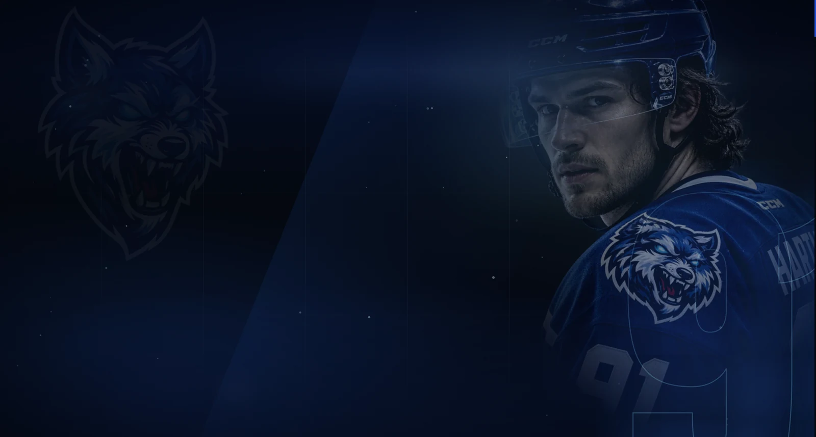 Website-Konzept für eine Eishockey-Spielerkampagne: Spieler im Trikot vor tiefblauer Bildwelt mit Wolfswappen